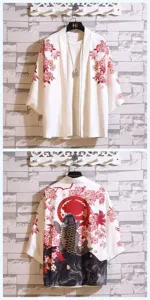 Japanese Ukiyo-e Carp Print Kimono Cardigan 7/4 Sleeve Casual Outerwear Detail View.