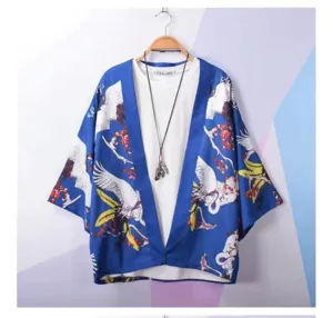 Japanese vintage ukiyo-e crane print 3/4 sleeve kimono cardigan for men and women daily wear.