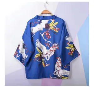 Japanese vintage crane print kimono cardigan open front casual haori shirt for men and women