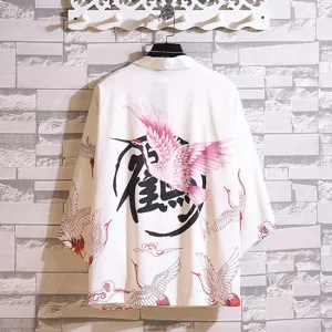 Japanese Retro Ukiyo-e Printed Kimono Cardigan Unisex Casual Crane Dragon Graphic Open Front Top Polyester Ethnic Shirt