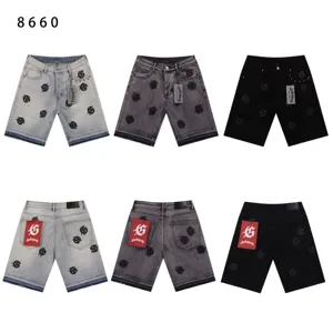 Unisex High Street Casual Denim Shorts Letter Embroidered Washed Cotton Straight Five-Point Denim Bottoms For Summer