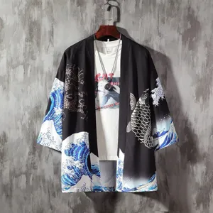 Japanese retro ukiyo-e wave carp print 3/4 sleeve kimono cardigan men women streetwear top