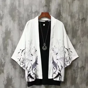 Unisex Japanese Style Cardigan Vintage Crane Print Half Sleeve Kimono Jacket Top