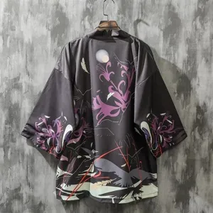 Japanese vintage kimono cardigan, loose casual seven-quarter sleeve outerwear for men and women.