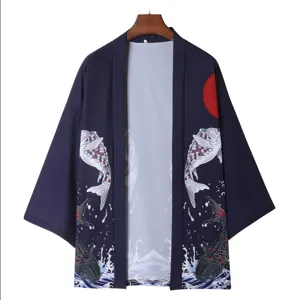Japanese style kimono cardigan lightweight sun protection ukiyo-e koi fish print streetwear coat