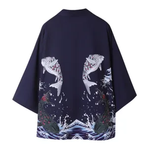 Detail view of Japanese style kimono cardigan featuring traditional koi fish and wave back print.
