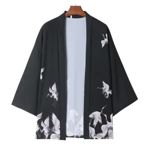 Black Japanese Kimono Cardigan Sun Protection Crane Print Casual Outerwear for Men Women