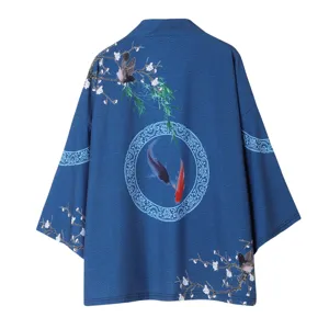 Japanese traditional style print open front kimono cardigan summer sun protection lightweight coat.