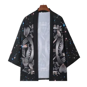 Japanese style kimono cardigan with poker king and starry print for men and women fashion.