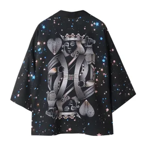 Japanese style kimono cardigan featuring starry galaxy print and unique king playing card graphic.