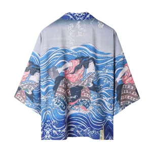 Japanese ukiyo-e print kimono cardigan open front casual beach cover up light yukata