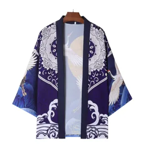 Japanese style crane wave print kimono cardigan lightweight sun protection outerwear casual yukata