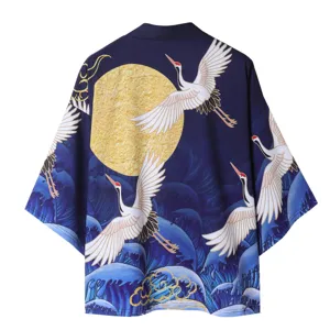 Japanese style kimono cardigan, vintage crane and moon print ukiyo-e loose outerwear.