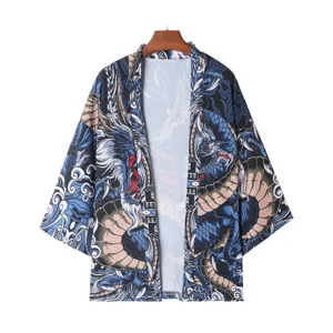 Japanese style dragon print ukiyo e kimono cardigan lightweight summer beach cover up coat