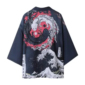 Japanese style vintage kimono cardigan men women sunscreen thin jacket ukiyo e graphic haori