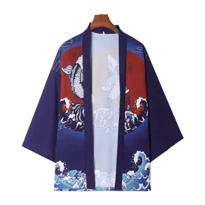 Japanese ukiyo-e koi fish print kimono cardigan, loose casual couple sun protection outerwear.