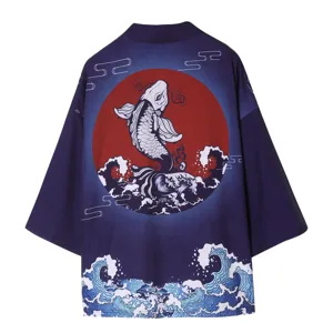 Japanese style koi fish print kimono cardigan haori retro ukiyo-e wave sun jacket for summer
