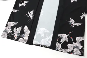 Japanese style crane print kimono cardigan detail view showcasing traditional design and fabric.
