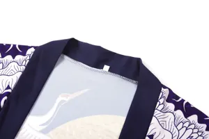 Japanese style kimono cardigan detail shot, crane and ukiyo-e print, dark blue collar.