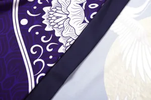 Japanese kimono cardigan fabric close-up detail, elegant ukiyo-e floral and crane pattern.