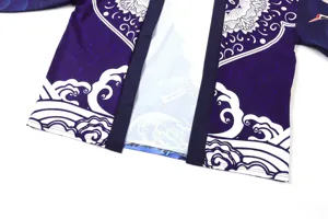 Japanese style kimono cardigan detail shot, vintage ukiyo-e crane wave print light coat.