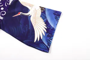 Detailed sleeve of Japanese kimono cardigan featuring traditional crane and wave print.