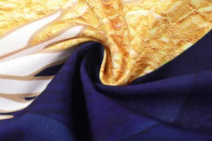 Close up of Japanese kimono cardigan fabric detail, showing gold and dark blue texture.
