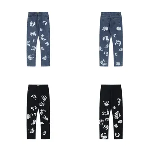 Streetwear washed denim jeans featuring allover white floral print, casual straight fit pants.