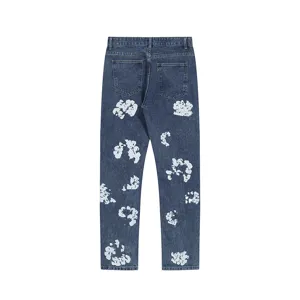 American high street washed denim jeans featuring an all-over kapok print design for men and women.