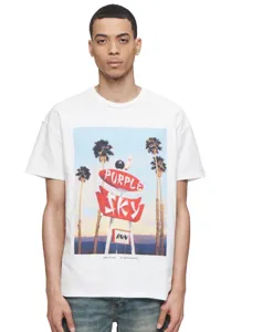 Men's white short sleeve graphic t-shirt featuring palm tree and retro sign print design.