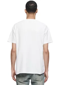Detailed view of a plain white short sleeve t-shirt from the back, clean design and fit.