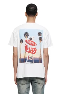 Men's white cotton short sleeve t-shirt featuring a retro palm tree back graphic print.
