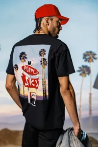 Men's black graphic t-shirt featuring back palm tree sunset print and comfortable cotton fabric.