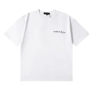 Detailed view of the white short sleeve t-shirt showing chest lettering print and collar tag.