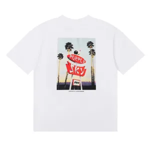 White short sleeve T-shirt with vintage palm tree and neon sign graphic print on the back.