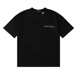 Detail view of the black short sleeve t-shirt featuring chest letter print and inner brand label.