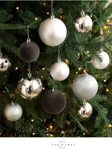Gros plan détaillé de boules de Noël argentées et floquées pour une décoration festive.