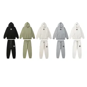 Details of the streetwear hoodie and sweatpants set showing multi-color options and patches.