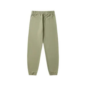 Olive green casual sweatpants detail showcasing elastic waistband and cuffed ankles.