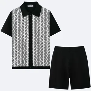 Ανδρικό Καλοκαιρινό Casual Ζακάρ Πλεκτό Cardigan Shorts Set Μαύρο Λευκό Δύο Κομμάτια