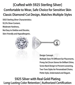 S925 Sterling Silber Vier-Krappen Zirkonia Ohrstecker für empfindliche Ohren geeignet.