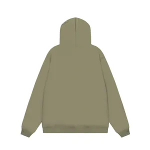 Vista posteriore della felpa con cappuccio in fleece kaki, felpa Y2K streetwear casual.