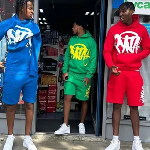 Men women streetwear fleece hoodie and shorts set Y2K casual stylish tracksuit set blue red green