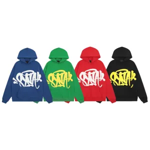 Detailed view of trendy graffiti print fleece hoodies in multiple colors, street style.