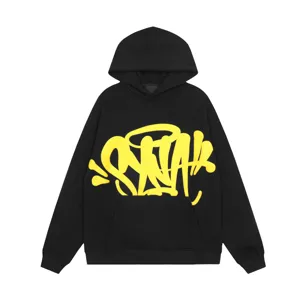 Black fleece-lined hoodie featuring a bold yellow graffiti letter print, streetwear fashion.