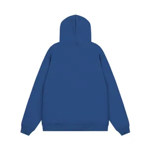 Blue hoodie back detail, casual streetwear design with hood and ribbed hem, cozy sweatshirt.