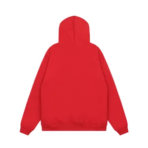 Red fleece hoodie detail back view, high street Y2K style comfortable pullover sweatshirt.