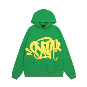 Green fleece hoodie streetwear Y2K style with bold yellow graffiti letter print detail.