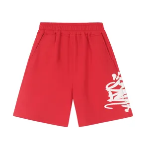 Red streetwear graffiti print casual shorts for men and women, comfortable elastic waist.