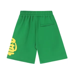 Green casual shorts for men and women, featuring elastic waist, zip pocket and yellow print.